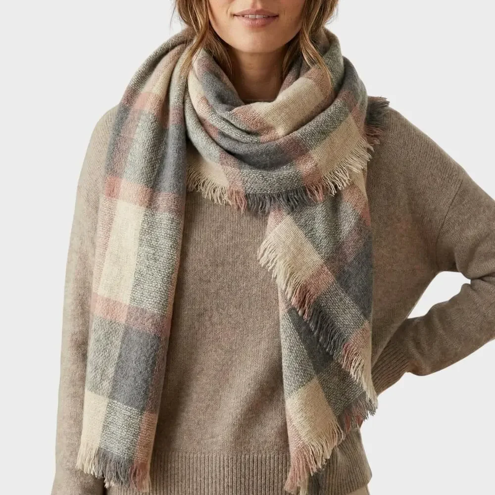Soft Acrylic Polyester Pale Pink Gray Cream Blanket Scarf 27